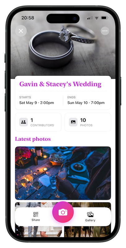 GatherCam event details screen with reveal date and guest activity