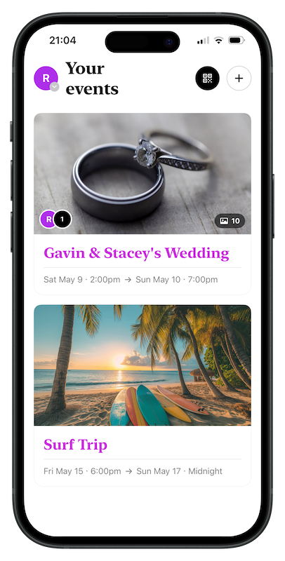 GatherCam event list screen showing upcoming shared albums